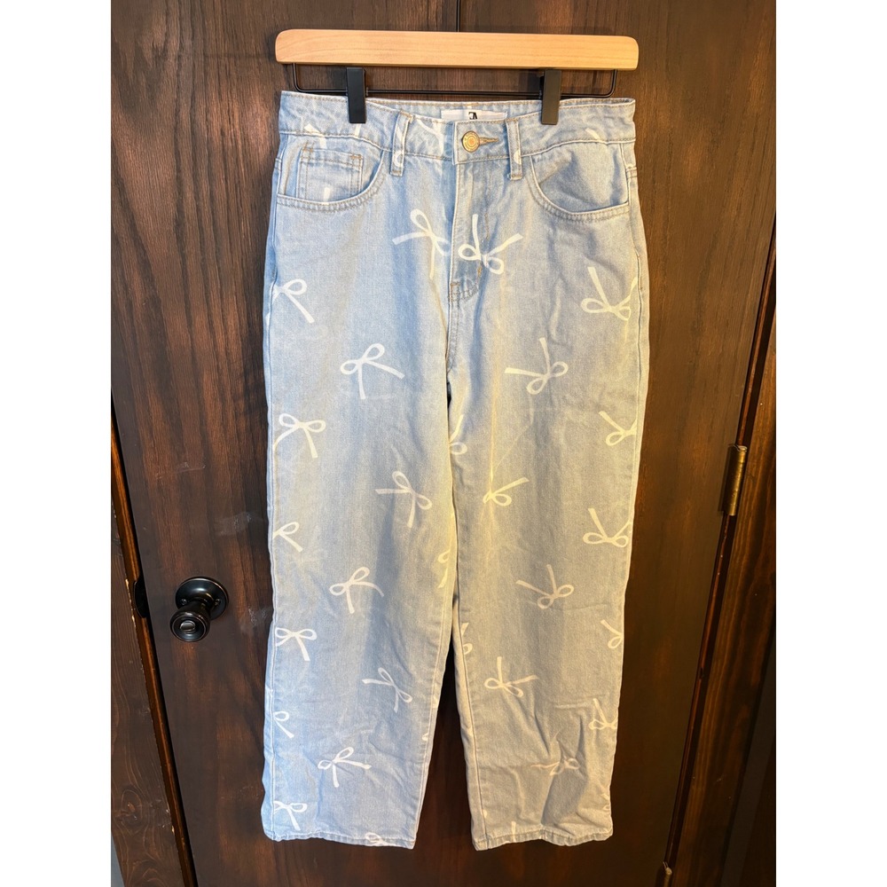 Flying Angel Bow Print Jeans Light Wash Straight Leg Coquette Denim Pants Size 5